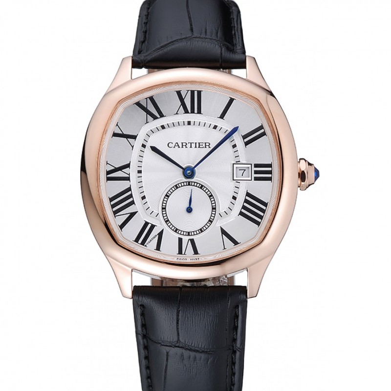 Cartier Drive De Cartier White Dial Gold Case Black Leather Bracelet 1454212 Replica Watches