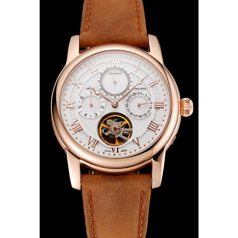 Patek Philippe Grand Complications Day Date Tourbillon White Dial Rose Gold Case Brown Suede Leather Strap 1453813 Replica Watches